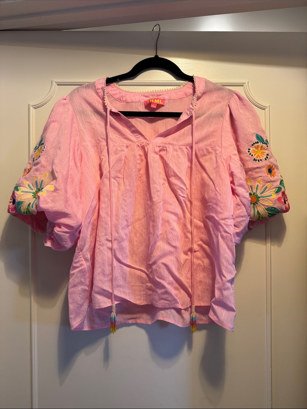 THML Pink Puff Sleeve Embroidered Peasant Top